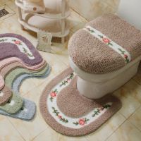 QSR STORE Pastoral Style Toilet Rug Flower Pattern Bathroom Mat Set U Shape Carpets Floor Decor Bath Fiber Lid Cover