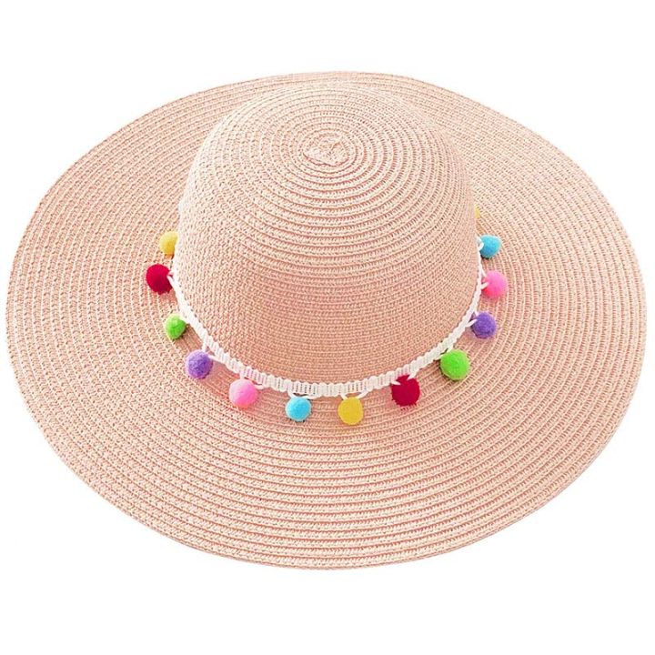 Custom Embroidery Name Text Logo Women Sun Hats Large Brim Straw Hat Outdoor Beach hat Mixed Color Pompon Bridal Party Dropshipp