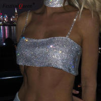 20212022 Summer Shiny Crystal Chain Tank Top Silver Metal Mesh Halter Metallic Strap Crop Tops Vest Party Clubwear Outfits