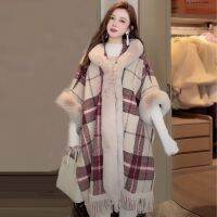 Spot parcel post Fleece-Lined Thickened Autumn and Winter Plaid Fur Collar Hood Cape and Shawl Womens Cloak Coat plus Size Mid-Length Tassel Cardigan