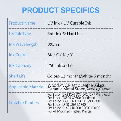 หมึก UV LED ขนาด4 × 250มล. สำหรับ DX4 DX5 DX6 DX10 TX800 XP600หัวพิมพ์สำหรับยี่ห้อเอปสัน L800 L1800 L805 R1800เครื่องพิมพ์ดัดแปลง UV R1900