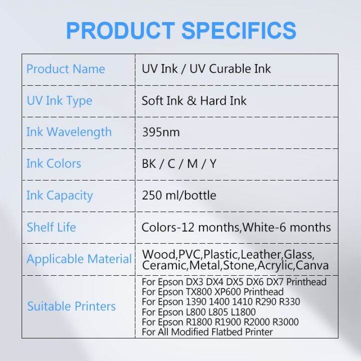 หมึก-uv-led-ขนาด4-250มล-สำหรับ-dx4-dx5-dx6-dx10-tx800-xp600หัวพิมพ์สำหรับยี่ห้อเอปสัน-l800-l1800-l805-r1800เครื่องพิมพ์ดัดแปลง-uv-r1900