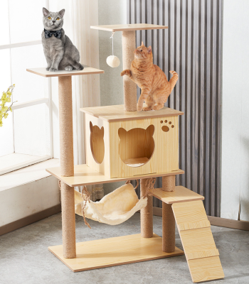 [พร้อมส่ง] คอนโดแมว บ้านแมวไม้ พร้อมเสาลับเล็บแมว สูง125cm ไม้แข็งแรง CAT-TOWER