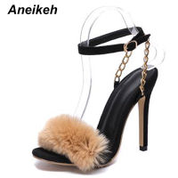 Aneikeh 2021 Sweet Fashion Sandals Women Shoes Villi Chain Thin High Heels Round Toed Wedding Dress Ankle Buckle Strap Black 42