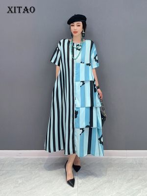 XITAO Dress Asymmetrical Loose Fashion Contrast Color Women Striped Print Dress