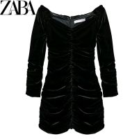 UR ZARA COS กระโปรงชุดสีดำเปิดไหล่ข้างเดียวมีจีบชุดเดรสกำมะหยี่เข้ารูป09306890800