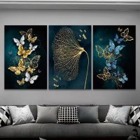 Nordic Gold Blue Butterfly Leaf Gilt รูปภาพโปสเตอร์ Modern Wall Art ภาพวาดผ้าใบสำหรับห้องนั่งเล่นห้องนอน Decor Mural