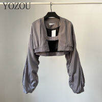 【CW】[YOZOU] แจ๊กเก็ตฤดูใบไม้ผลิดีไซน์หรูหราของแข็งสีดำสีเทาสั้น Cropped er Jackets Coat Dongdaemun Korea Vintage Tops Women
