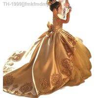 ☫ jfmkfmdm Primeira Comunhão da menina Vestidos Vestido de baile Laço Applique Dourado Meninas Pageant Cetim Tulle Girl Alta qualidade