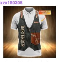 A116 Custom Name Bartender Gray and White 3D Polo