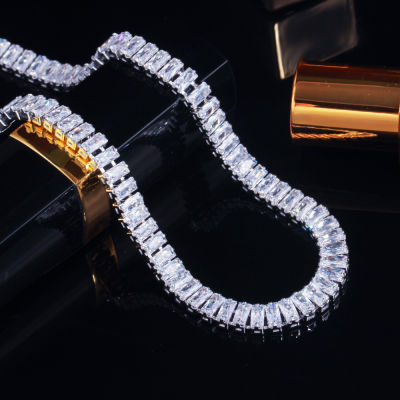 CWWZircons Bling Iced Out Baguette Cubic Zirconia White Gold Color Tennis Chain Chokers Necklace for Women Costume Jewelry CP086