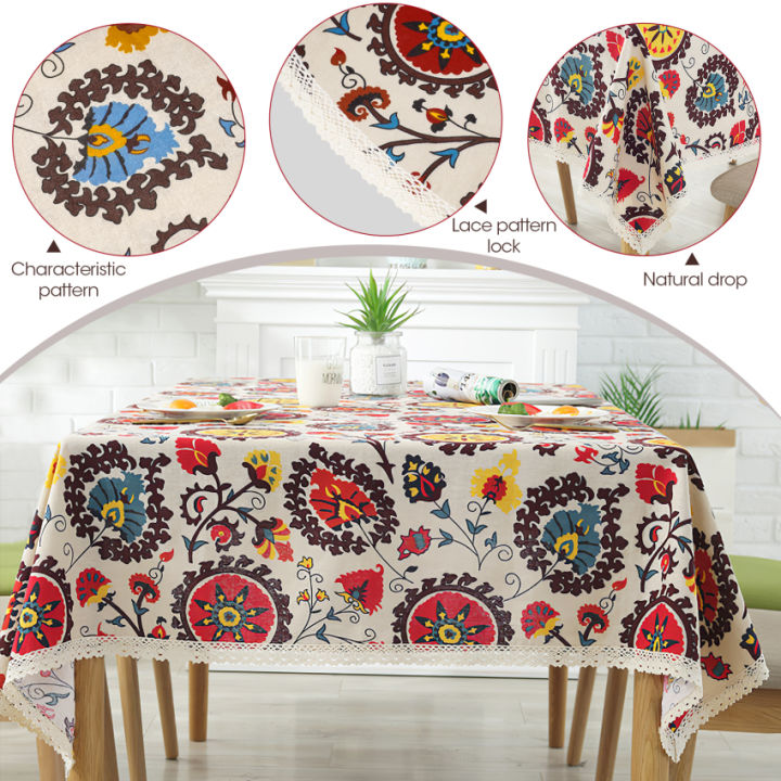 ผ้าปูโต๊ะลายดอกทานตะวันลูกไม้วินเทจผ้าลินินปักสี่เหลี่ยมผืนผ้าผ้าโต๊ะลายปิคนิคทานอาหารเย็นซักได้