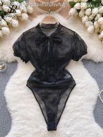 ☃Call❇Sdeifhruhvfu SINGREINY Bow Macacão ชุดชั้นในพารามัลเฮอร์ De Moda Sleeve Puff Bodycon Playsuits Virilha Aberta Sheer Slim Bodysuits