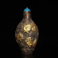 ♝ Chinese Old Antique Brass Carved Gild Fish Snuff Bottle