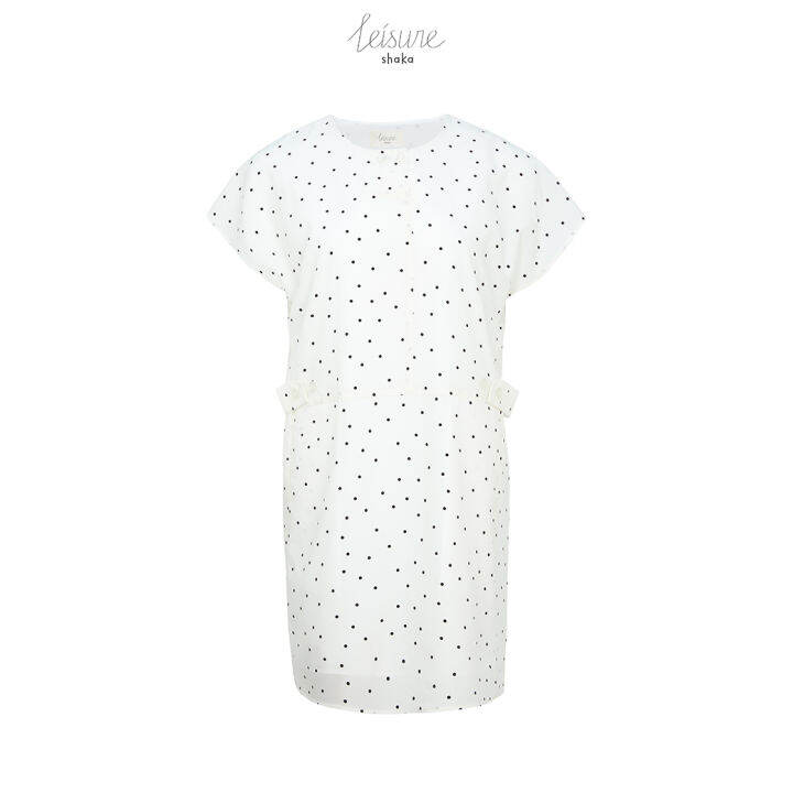 shaka-leisure-ss21-polka-dot-mini-dress-เดรสสั้นแขนในตัว-คอกลม-สาบกระดุมหน้า-ds-l210314