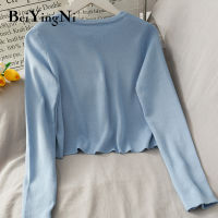 Beiyingni Cardigan Female Solid Color Single-breasted Long Sleeve Crop Top Women O-neck Spring Autumn Casual Knitted Sweater