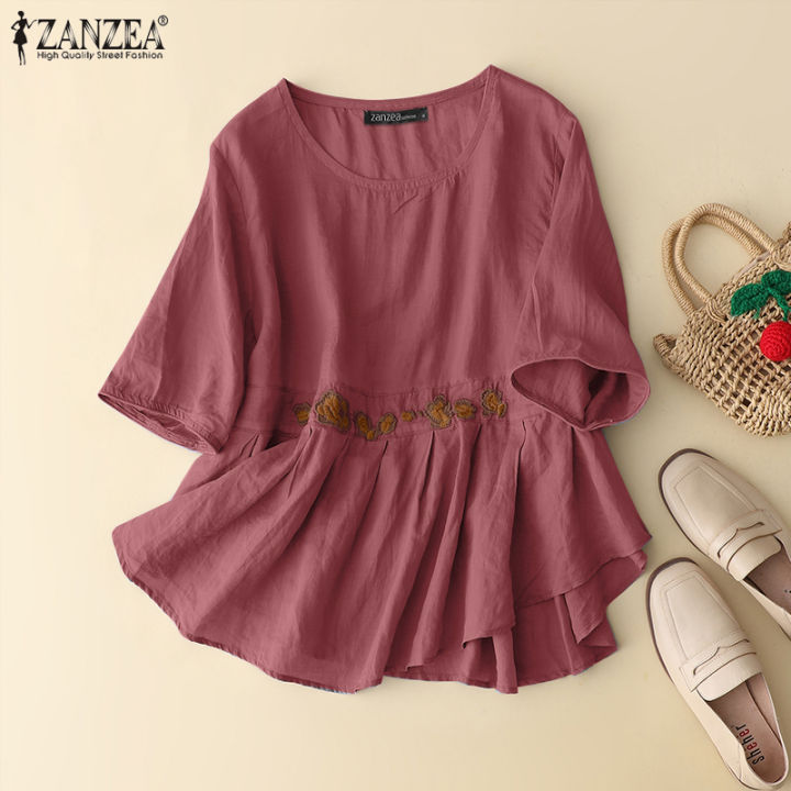 สินค้ามาใหม่-จัดส่งฟรี-fancystyle-zanzea-เสื้อผู้หญิงสีพื้นเสื้อวินเทจหลวมเสื้อสตรีแบบจีบกางเกงผ้าฝ้ายผ้าลินินลายดอกไม้ปักแบบสวมหัว-2
