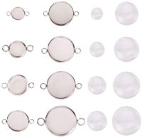 Ready Stock 1Box 40 Pcs 304 Stainless Steel Round Blank Pendant Tray Cabochon Settings with Double Holes and 40 Pcs Flat Round Transparent Glass Cabochons for DIY Bracelet Jewelry Making