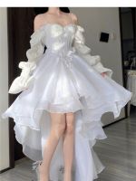 2023 Spring Summer Elegant White Off Shoulder Fairy Dress Vintage Female Chic Princess Puff Dress Mesh Puff Dress Party Dress ban