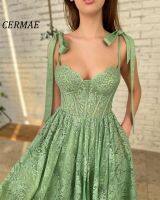 CERMAE reen Lace Appliques Prom Dresses Spaghetti Straps Tea-Length A-Line Evening Dress Wedding Party Gown 2023