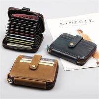 Genuine Leather Rfid Men Business Card Holder Womens Zipper Short Cash Wallets Coin Purses Unisex ID Credit Card Case Pocket Card Holders