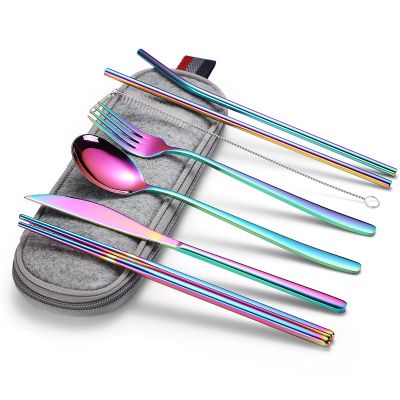 Spklifey Tableware Steel Cutlery Portable Tableware Travel Cutlery Set Stainless Steel Rainbow Dinnerware Set Cutlery bag Flatware Sets