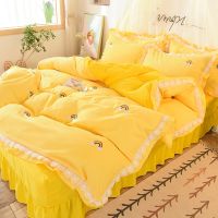 [COD] four-piece bed girl heart princess ruffled sheet quilt three-piece bow embroidery bedding