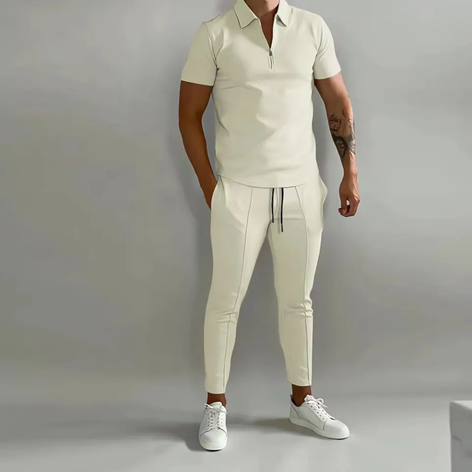 Mens Outfit 2-Piece Set Waffle V-neck Polo T Shirt Shorts Sweatsuit Set  Summer