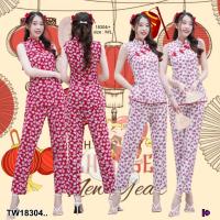 P18304 set 2 ชิ้น เสื้อกี่เพ้าแขนกุดลายกุหลาบ + กางเกงขายาว ..