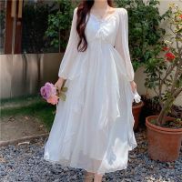 COD Womens Chiffon Seaside Holiday Long Dress Girl Elegant Slimming White Sleeveless Sling Midi Dress Ladies