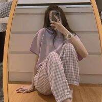 【YP】 Yasuk Verão Moda Feminina Adorável Sólida Macia Pijamas Noturno Solto Pijama Com Calças Pulôver Manga Curta