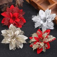 6Pcs Glitter Christmas Flowers Artificial Flowers Merry Christmas Tree Decorations For Home Xmas Ornaments New Year Party Decor