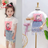 SZWL 2pcs/set Girls Suit Animal Pattern Lace Top + Denim Sequin Skirt for 3-8 Year Old Kids