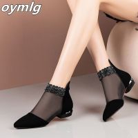 2020 New Summer Sandals Pointed High Heels Women Shoes Black Lace Ankle Flower Low Heel Zipper Flowers Casual Sandals