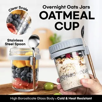 1pc Random Color Glass Overnight Oat Cup With Lid, Spoon And