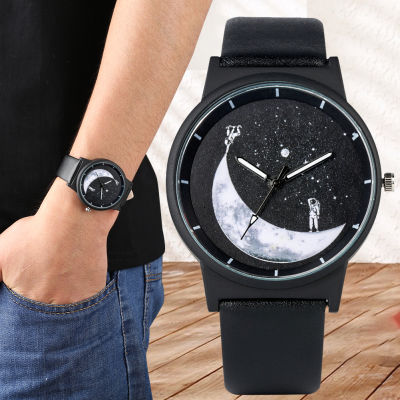 Casual Mens Quartz Watch Leather Strap Stainless Steel Case Moon Series Printed Face Great Gift for Men