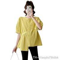 ▦❏ 2023 moda solta maternidade camisas Puff manga O-pescoço botão irregular Fly mulher grávida blusas gravidez roupas amarelo