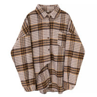 2021Winter Women Vintage Oversize Woolen Plaid Shirt Pockets Batwing Sleeve Turn-Down Collar Thick Blouse Autumn Casual Warm Outwear