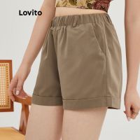 [ส่งของ]Lovito กางเกงขาสั้น เอวยางยืด มีกระเป๋า สีพื้น สไตล์ Modest L20D064(สีกากี)