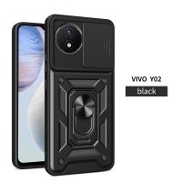 เคสหุ้มสำหรับ Vivo Y02 Y02A กรอบ TPU นุ่มกันกระแทกเคสหลัง PC แบบแข็งทนทานพร้อมที่ยึดแบบห่วงหมุนและอุปกรณ์ป้องกันเลนส์หน้าต่างเลื่อนได้