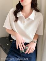 ⊕¤✌ Right shoulder polo shirt short-sleeved T-shirt for women summer 2023 new design waffle lapel bottoming shirt top