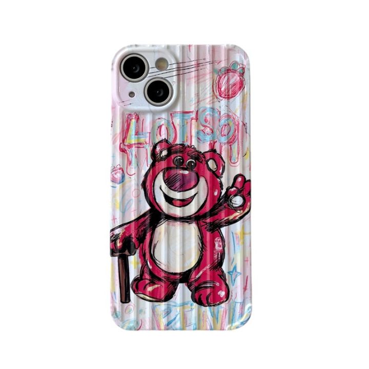 สีสันสดใสภาษาอังกฤษสตรอเบอร์รี่หมีกรณีโทรศัพท์สำหรับ-iphone14promax-สเตอริโอลายโทรศัพท์กรณีสำหรับ-iphone13pro-จำลองกระเป๋ากรณีฟิลลิ่งสำหรับ-iphone11