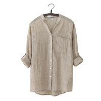 AMPH Women Linen Button Down cotton Solid Long Sleeve Blouse