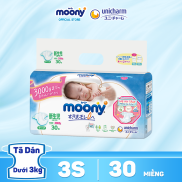 Tã Bỉm dán cao cấp Moony S3 Size S 30 miếng dưới 3kg bề mặt bông 100%