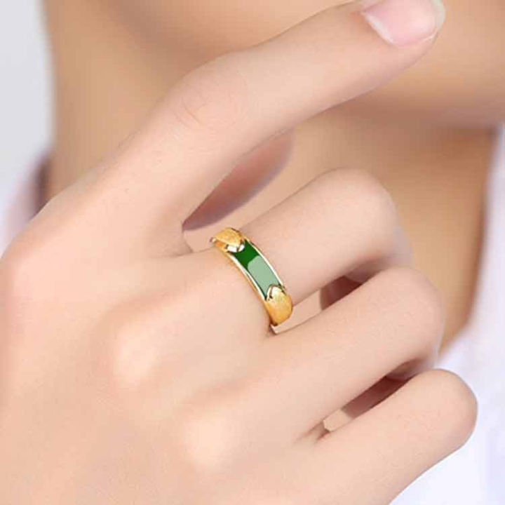 ht-ผู้ชายและผู้หญิงแฟชั่นปรับแหวนแหวนหยกชุบทอง-18k-แทนความสัมพันธ์ที่ยาวนานแหวนมงคล-แหวนเครื่องประดับหยกเขียว