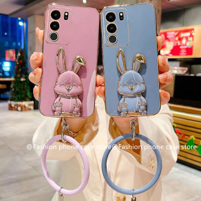 Phone Case เคส VIVOV29 VIVO V29e V27e V29 V27 Pro Y27 Y36 Y78 5G 4G ฝาหลังชุบด้วยไฟฟ้าคุณภาพสูงเคสนิ่มที่วางโทรศัพท์หมีพับกระต่ายพร้อมสายรัดข้อมือแบบพกพา2023