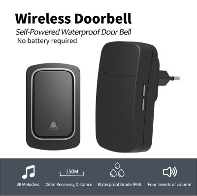 Wireless Doorbell EU Plug Self-Powered Outdoor Waterproof Door Bell 150m Long Wireless Distance 38Songs Home Welcome Doorbell