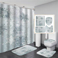 Snowflake Christmas Shower Curtain Set Snowman Printed Non-slip Bathroom Mat 4 PCS Bathing Sets Toilet Cover Rug Flannel Car