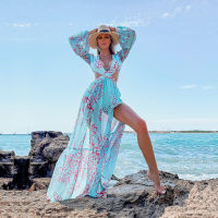 y Bikini Long Sleeve Cover-ups Boho Print Loose Dress  Autumn Women Plus Size Beachwear Swimsuit Cover Up Sarongs A954