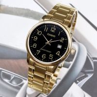 Casio รุ่น MTP-V002G-1B นาฬิกาข้อมือผู้ชายสายสแตนเลส สีทอง หน้าปัดดำ - มั่นใจ ของแท้ 100% รับประกันสินค้า1 ปีเต็ม